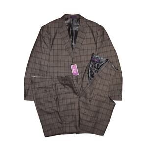 VINCI NEW $290 Gray Brown Plaid 3-Piece Suit Blazer Pants Vest Men's 46R